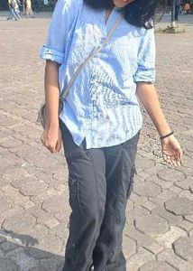 Cloudy sky blue baggy shirt with fine strips