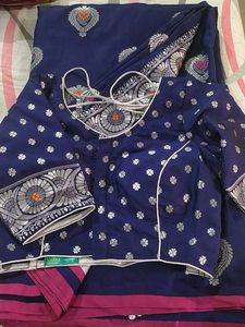 Blue Kathpadar Saree With Stitched Blouse