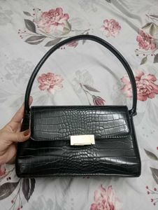 Black Croc Embossed Baguette Bag