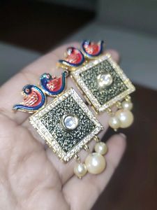 Peacock Meenakari Polki Rhinestone Earrings