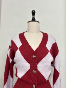 red Argyle Knit Cardigan