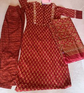 LIBAS Red Printed Kurta Palazzo Dupatta Set