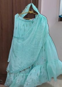Aqua Embellished Halter Top & Skirt Set