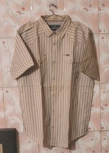 WOODLAND STRIPED COTTON CASUAL SHIRT IN FAWN COLOU