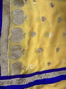 Elegant Yellow &amp; Blue Sari With Zari Thread Work