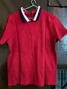 Red Polo Shirt with Navy and White Collar