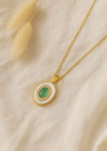 Anti Tarnished Gold Necklace with Green Stone