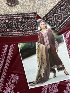 Printed Pakistani Burgundy &amp; Pink Floral Unstitche
