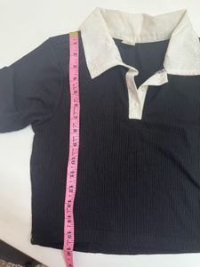 Classic Black Ribbed Polo Top with Contrast Collar