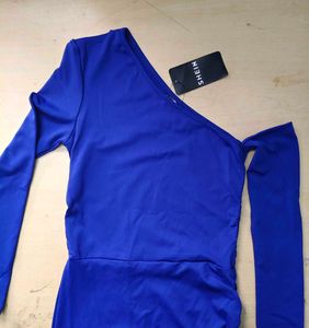 One Shoulder Full Sleeve Draped Split Thigh Dress