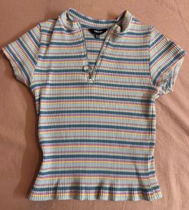 Westside pastel striped ribbed zip-up top