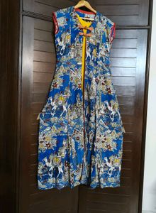Women Blue Yellow Printed Kurta With Jacket