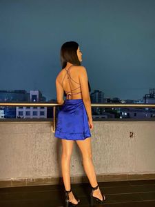 Royal blue satin mini dress