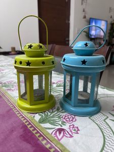Set Of Two, Blue And  Yellow Candle Lantern
