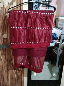 Maroon Frill Sari With Mirror Work
