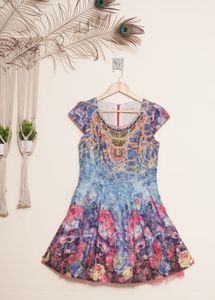 Floral Print Beaded Neckline Dress
