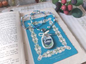 Enchanted Swan Lake Clay Pendant Beadwork Necklace