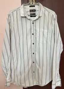 White & Black Striped Casual Shirt – Size-M