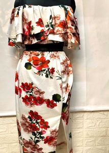 Floral Off Shoulder Cord Set With Pencil Skirt