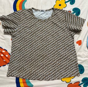 Brown &amp; White Print Top