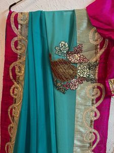 Pure chiffon Blue &amp; Pink Saree