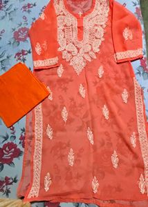Peach Chikankari Kurta Set