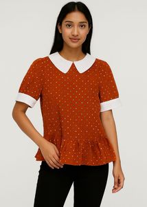 Collared Polka Dot Peplum Top