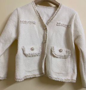 🧥 Elegant White Tweed- Pearl Button Cardigan