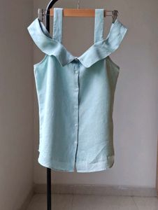 MANGO Blue Ruffle Collar Tank
