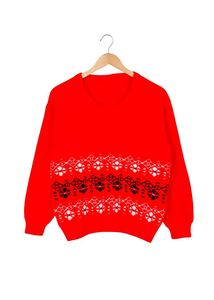 Red Patterned V-Neck Sweater