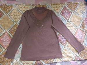 Dusty Mauve Rhinestone Embellished Mesh Knit Top ✨