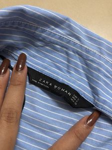 ZARA Oversized Striped Poplin Shirt – Light Blue &amp;