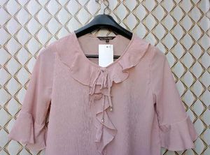 New With Tag Peach Ruffled Korean Neck Top