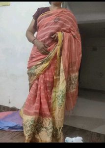 Cotton Peach Colour Saree With Readymade Blouse