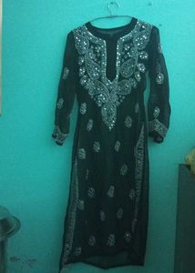 Black Chikankari Kurti With Mirror Work