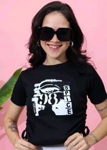 Graphic Print Black Drawstring side Crop Top
