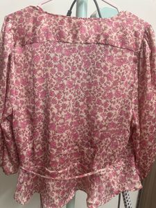 MANGO Cream-Coloured &amp; Pink Floral Print Wrap Top
