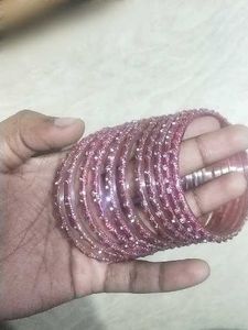 Sparkling Pink Glass Bangle Set (Set Of 11)