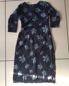 Navy Blue  Flower  Printed  Crepe Kurti