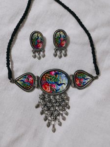 Black Polish Rajasthani Printed Necklace Set🌹