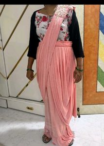 Peach Readymade Saree With Floral Blouse