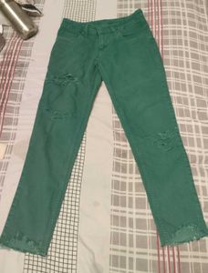 Low Waist Slim Fit Green Distressed Denims