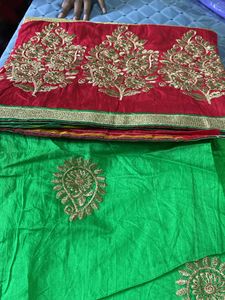 Chanderi Green &amp; Red  Dress Material