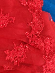 Red Embroidered Net Fabric