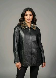 Black Faux Leather Stylish Jacket Fir Collor XL