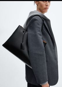 Mango Minimalist Black Leather Tote Bag