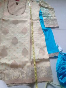 Short Straight Kurta With Pleated Salwar &amp; Duppata