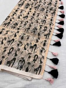 Cute Cat Print Saree with tassels