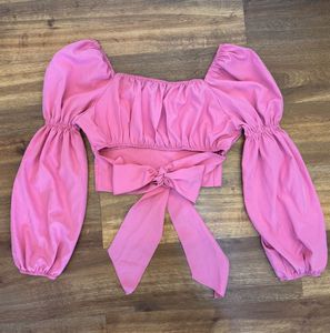Pink Puff Sleeve Crop Top with Tie-Back Bow