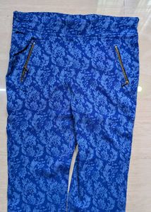 Blue Floral Print Zipper Pocket Pants